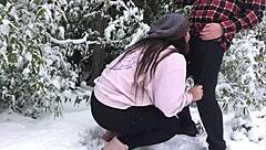 real couple bends over fucks big ass in snow leggings outdoor