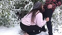 real couple bends over fucks big ass in snow leggings outdoor
