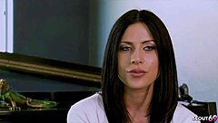 Blue-eyed brunette cougar with small tits and perfect ass rides big cock in first casting. She moans through deepthroat and doggystyle.