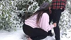 real couple bends over fucks big ass in snow leggings outdoor