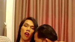 Skinny Thai Ladyboy Model Aum Begs for Bent-Over Doggystyle Double Penetration and Cumshot