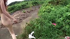 imagine japanese slut sarina tsubaki stripping naked outdoors fingering her hairy pussy in public