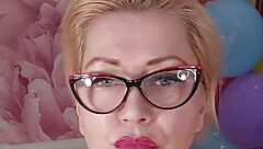 Mature chubby housewife bitch squirts juicy pussy lips on dildo amid colorful balloons dirty talk moaning