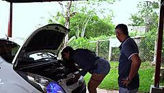 hey tommy miller fixed the sexy milf's car now he's deepthroating her big tits pussy