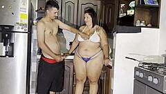 madrastra sneaks blowjob to hijastro in kitchen with surprise ending