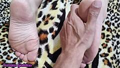 hot latina milf neighbor goddess jerks footjob licks cum off pink soles