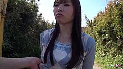 Petite asian stepdaughter's floppy saggy tits and hairy tight pussy tempt stepdad into rough outdoor creampie