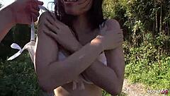 Petite asian stepdaughter's floppy saggy tits and hairy tight pussy tempt stepdad into rough outdoor creampie