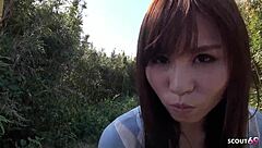 Petite asian stepdaughter's floppy saggy tits and hairy tight pussy tempt stepdad into rough outdoor creampie