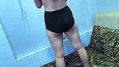 Thick asian teen girlfriend shakes big curvy ass in thong panties during intense workout photoshoot