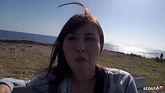 Petite asian stepdaughter's floppy saggy tits and hairy tight pussy tempt stepdad into rough outdoor creampie