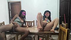 Hey neighbors, watch these hot Mexican milfs masturbate juicy pussies on desk with dildos