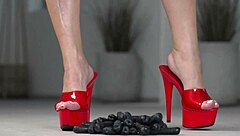 4k footfetish fruits crushed under bare feet high heels.