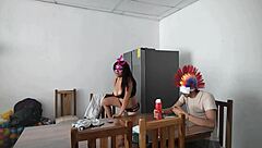 A housemaid sensually gropes her natural tits and flirts with dildo near blind man