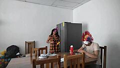 A housemaid sensually gropes her natural tits and flirts with dildo near blind man