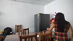 A housemaid sensually gropes her natural tits and flirts with dildo near blind man