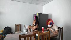 A housemaid sensually gropes her natural tits and flirts with dildo near blind man