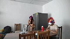 A housemaid sensually gropes her natural tits and flirts with dildo near blind man