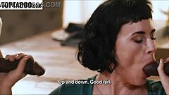 wife chokes on husband's boss big black cock deepthroat double team dinner