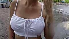 two busty babes barbara alves and pernocas bike without panties in the rain, voyeur style