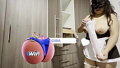 damn, this latina maid finds a dildo and rides it like a total slut bent over with big tits bouncing