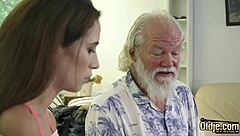 Beautiful 18+ teen takes old man's cock deep in her young pussy then swallows his cum down her wet throat