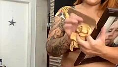 Her pussy splits wide while cleaning house flashing all