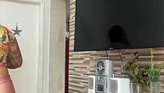 Her pussy splits wide while cleaning house flashing all