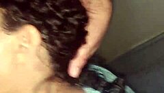 Submissive housewife brunette sucks delivery boy's cock closeup in homemade flash