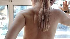 hey, this hairy 18+ teen strips sexy by the window, risky doggy fuck shows off her cute milky tits