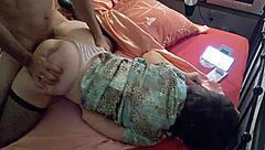 White slut in thong corset spandex heels drops for pov blowjob then doggy.