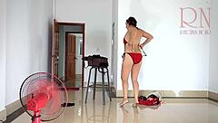 Chick hits the resort trying on sexy lingerie panties stockings heels 😘