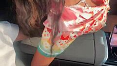 Ebony strokes monster BBC in public car