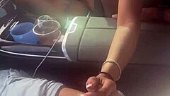 Ebony strokes monster BBC in public car
