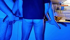 Wife joins neon light threesome sucking two cocks full scene ep 4611