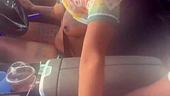 Ebony strokes monster BBC in public car