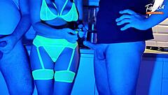 Wife joins neon light threesome sucking two cocks full scene ep 4611