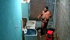 Hidden cam catches stepmom shaving pussy while stepson watches