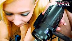 Busty pink haired Trinity and skinny blonde Jackie deepthroat huge cock to facial cumshot