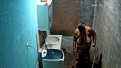 Hidden cam catches stepmom shaving pussy while stepson watches