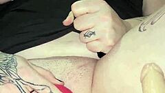 A curvy hot wife with big natural tits squirts wildly then licks the floor clean after intense machine play