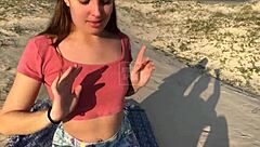 Real amateur couple stops car by seaside road for beach sand sex