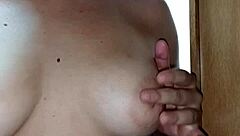 Sexy curvy teen poses sensual big tits ass in mirror homemade tease