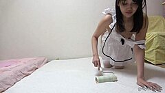Japanese maid in braless uniform cleans with micro thong cameltoe