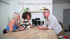 two petite teens one ebony one tattooed blonde fucked roughly in ass double penetration interracial threesome