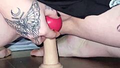 A curvy hot wife with big natural tits squirts wildly then licks the floor clean after intense machine play