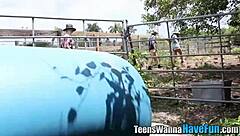 horny teen cowgirls ride cocks outdoors at party for facial cumshots