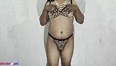 Indian shemale crossdresses in animal print lingerie solo