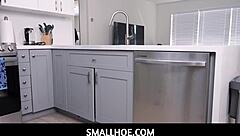 Tiny brunette teen Freya von Doom gets family fucked by stepdad's monster cock