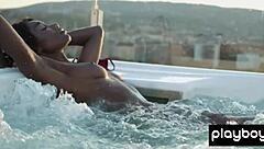 Smoking hot ebony teen Mimi Desuka strips natural tits pussy on rooftop then unwinds.